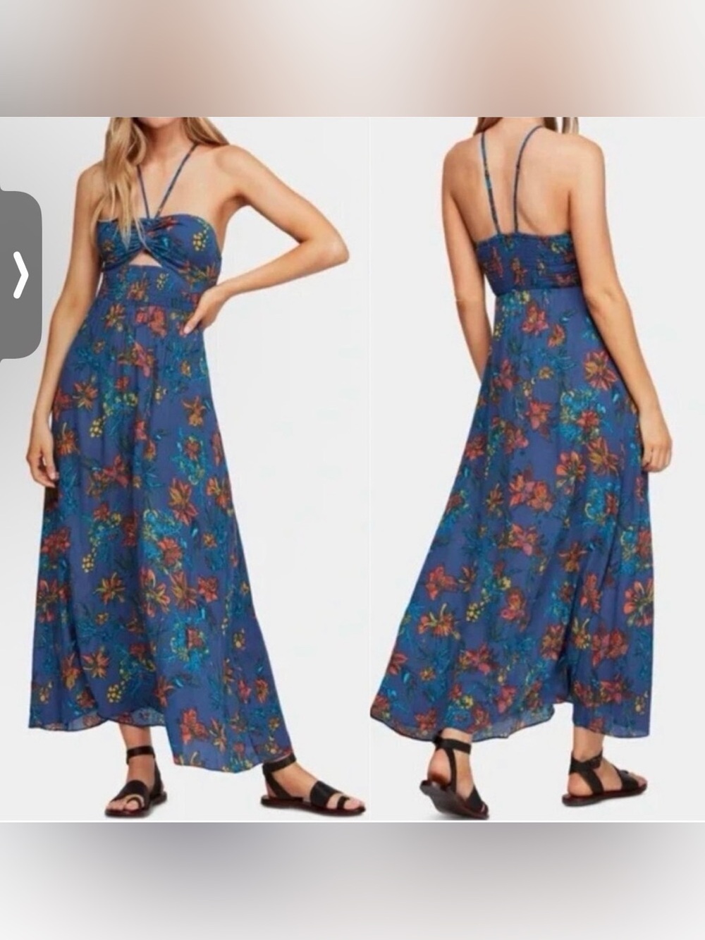 Free People Floral Maxi Dress Blue Cutout Side Slit Boho Small